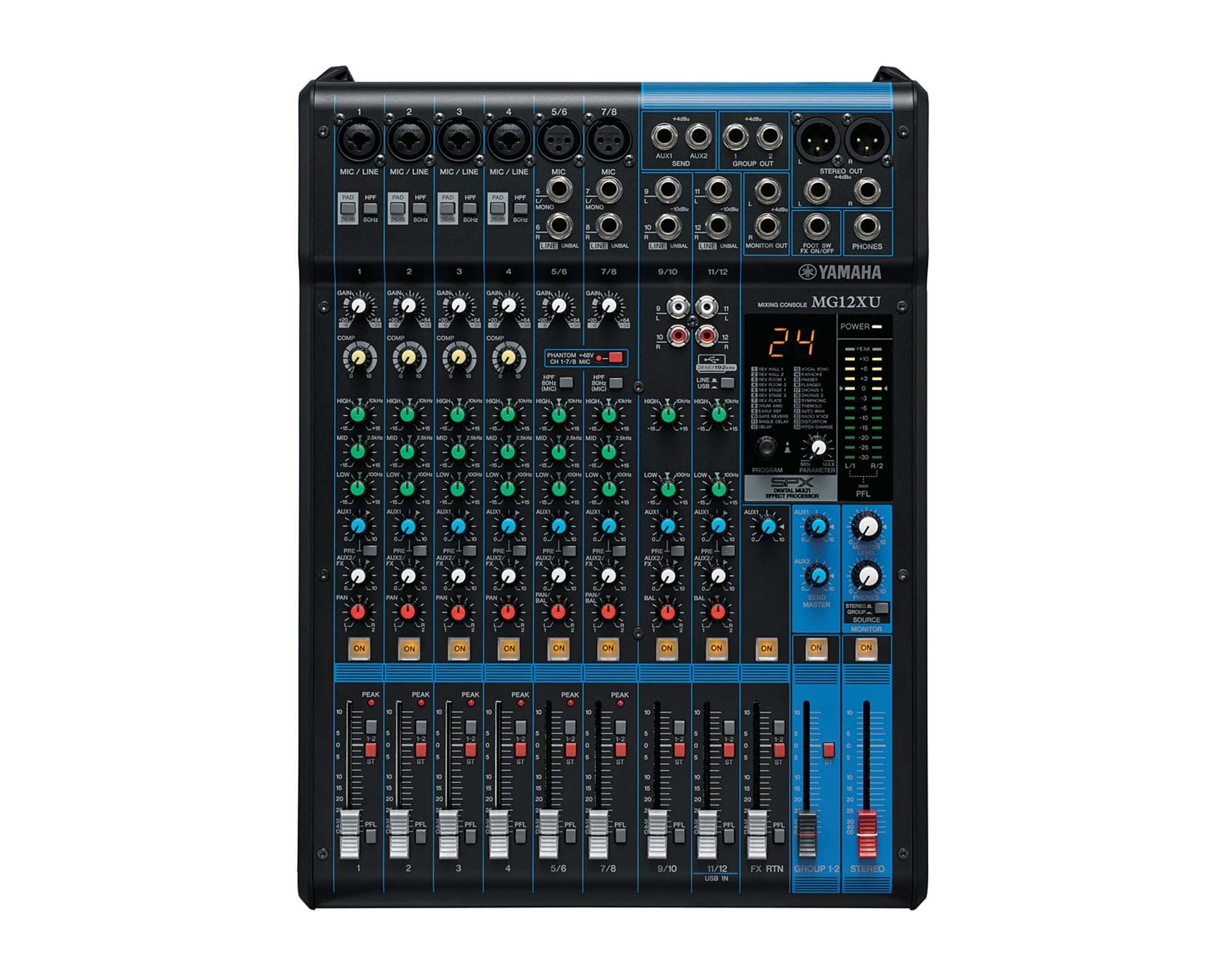 YAMMG12XU - Yamaha MG12XU 12 Ch Mixing Console 6 Mic or 12 Line and SPX with Faders Image 1