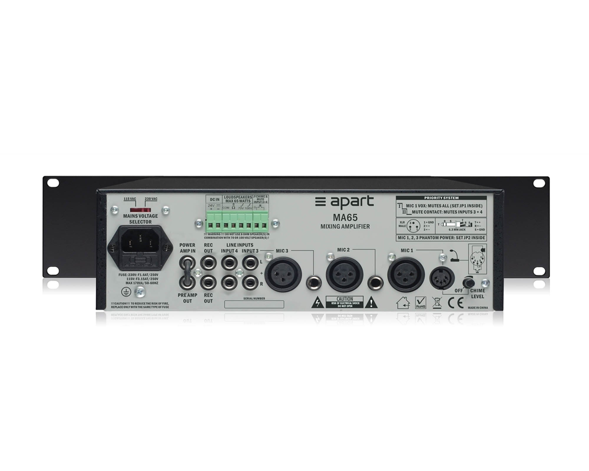 APAMA65 - Apart MA65 100V Mixer Amp 65W 3 Mic or 2 Line 230VAC 2U Exc Rack Ears Image 2