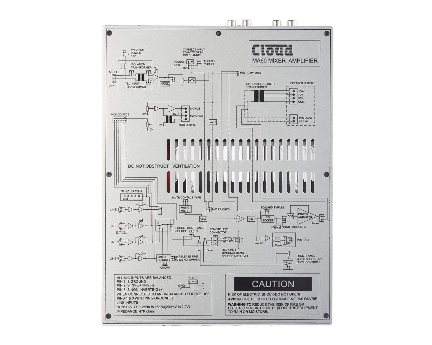 CLOMA60T - Cloud MA60T Mixer Amp 70 or 100VTransformer 4 Line or 1 Mic Input 1 or 2 Rack Image 2