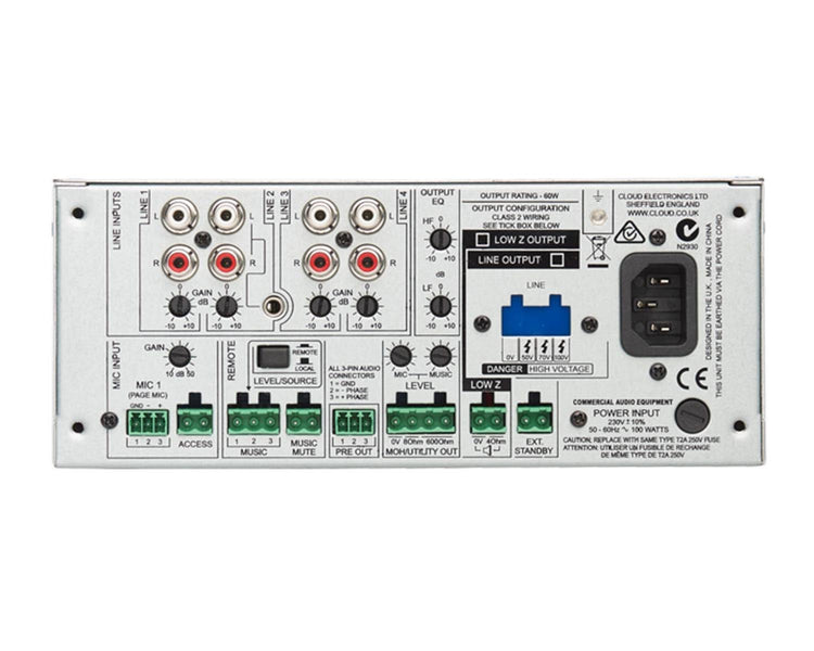 CLOMA60T - Cloud MA60T Mixer Amp 70 or 100VTransformer 4 Line or 1 Mic Input 1 or 2 Rack Image 3