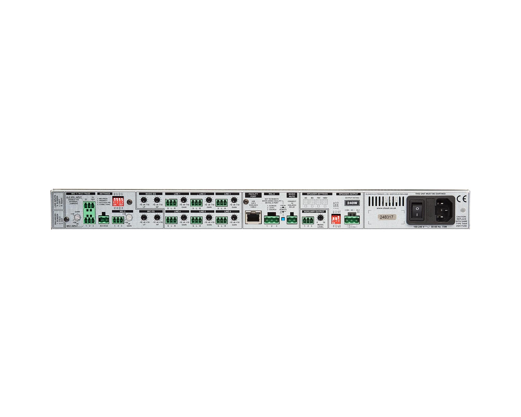 CLOMPA1202 - Cloud MPA120MK2 6 Line or 2 Mic Input Mixer Amp 120W 4ohm or 100V 1U Image 2