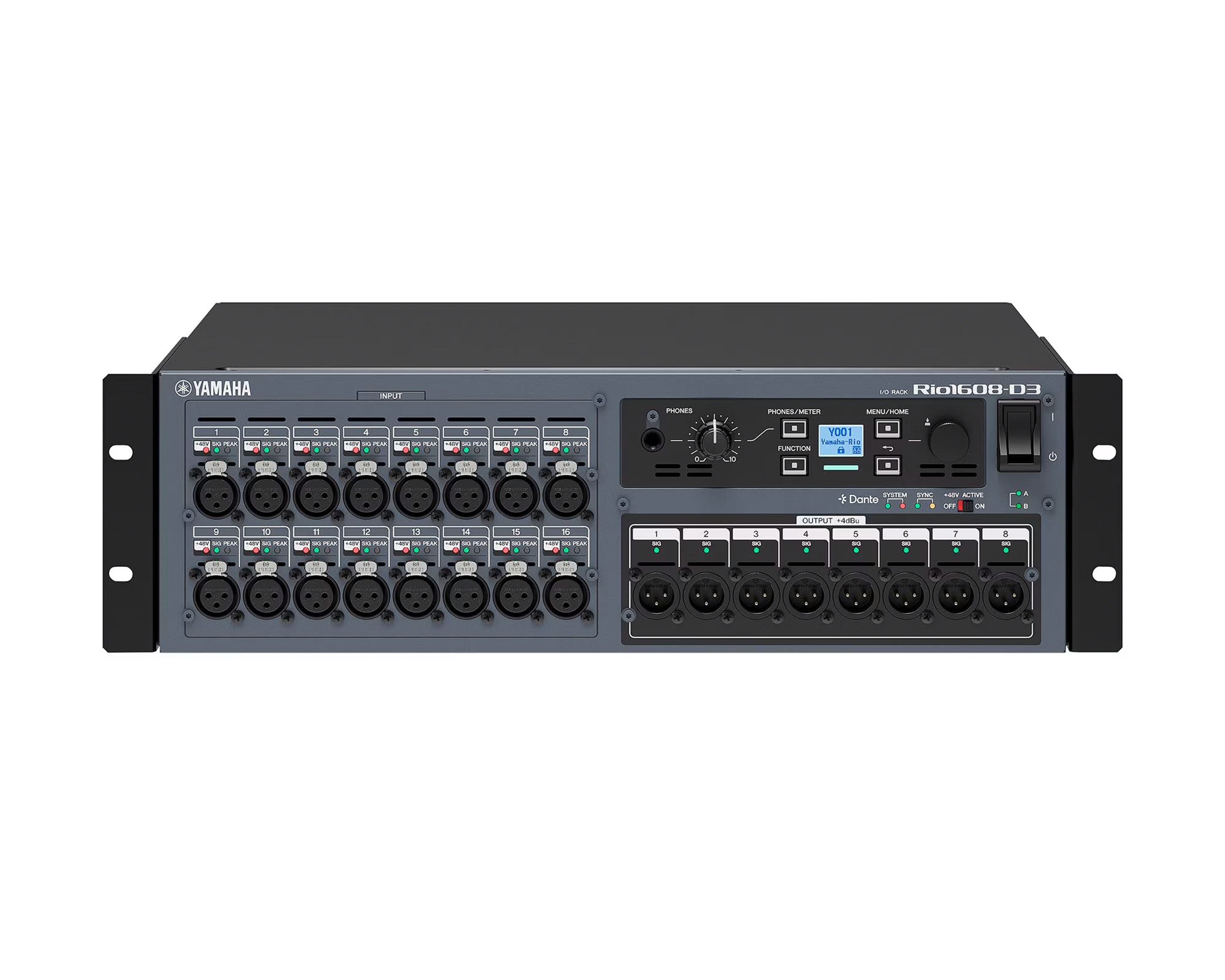 YAMRIO1608D3 - Yamaha Rio1608 D3 Dante Network Rack 16in or 8out with Dual PSU and OLED Image 1